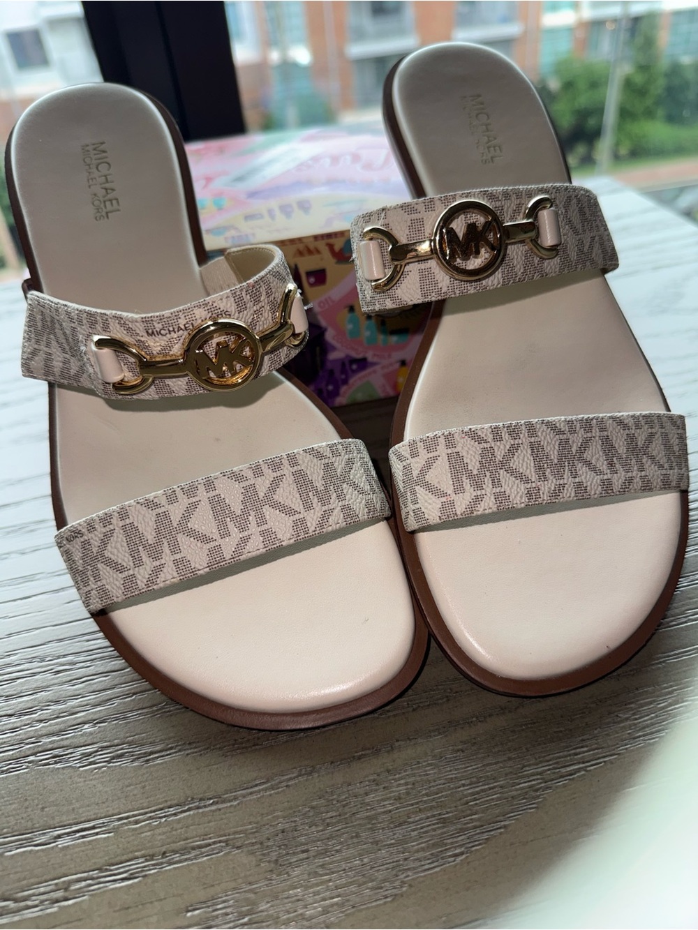 Michael Kors Cream Slides with Gold MK Accent